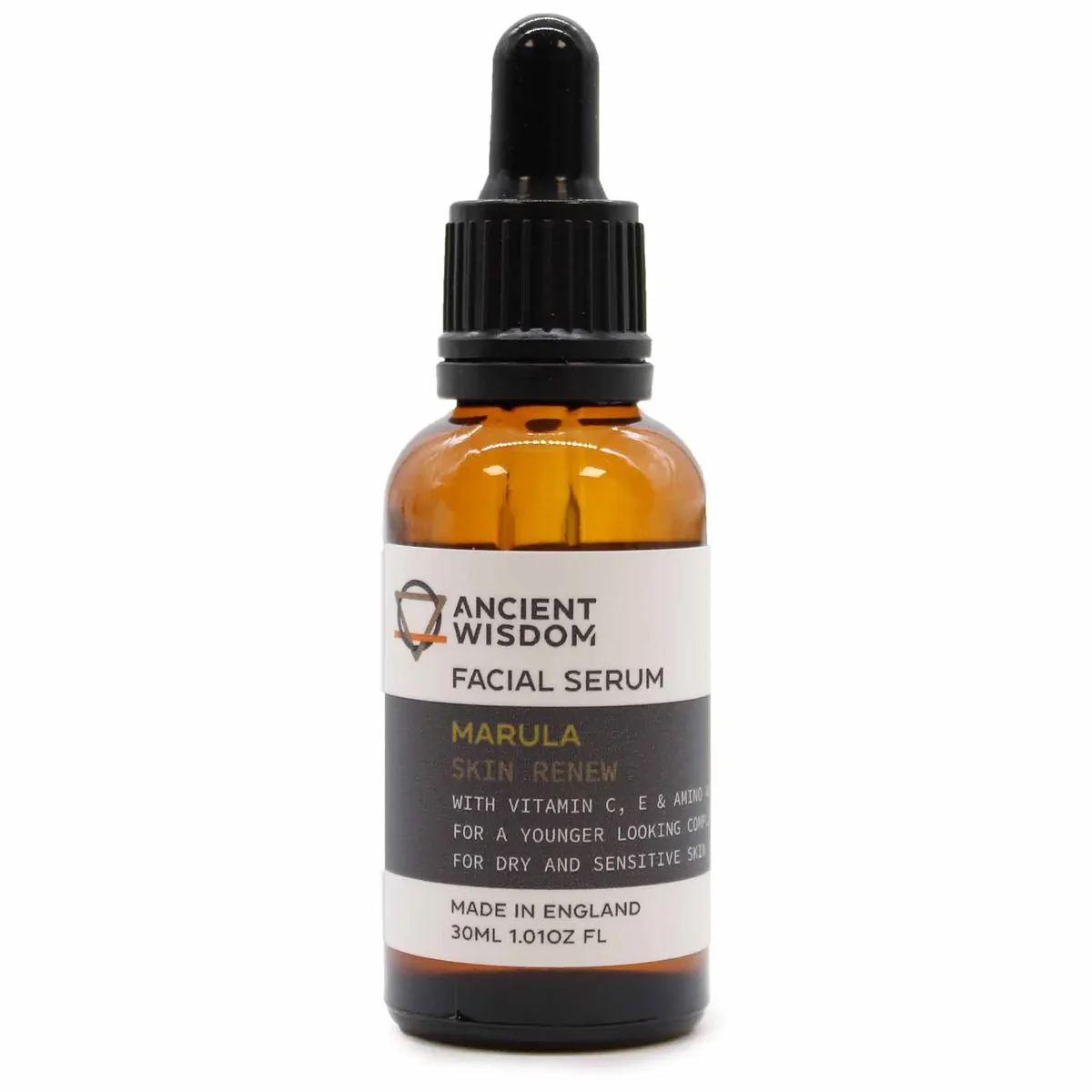 Bottle of Marula Oil Serum hydrating face serum with golden liquid and dropper on white background