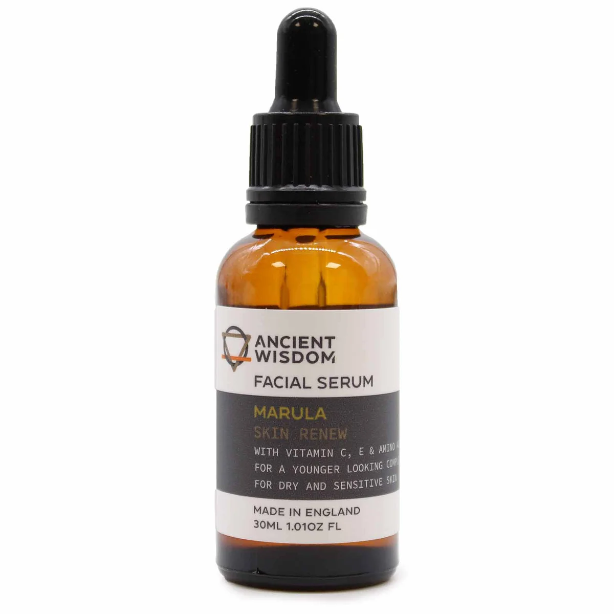 Bottle of Marula Oil Serum with dropper, natural skin oil for hydration and nourishment on a white background