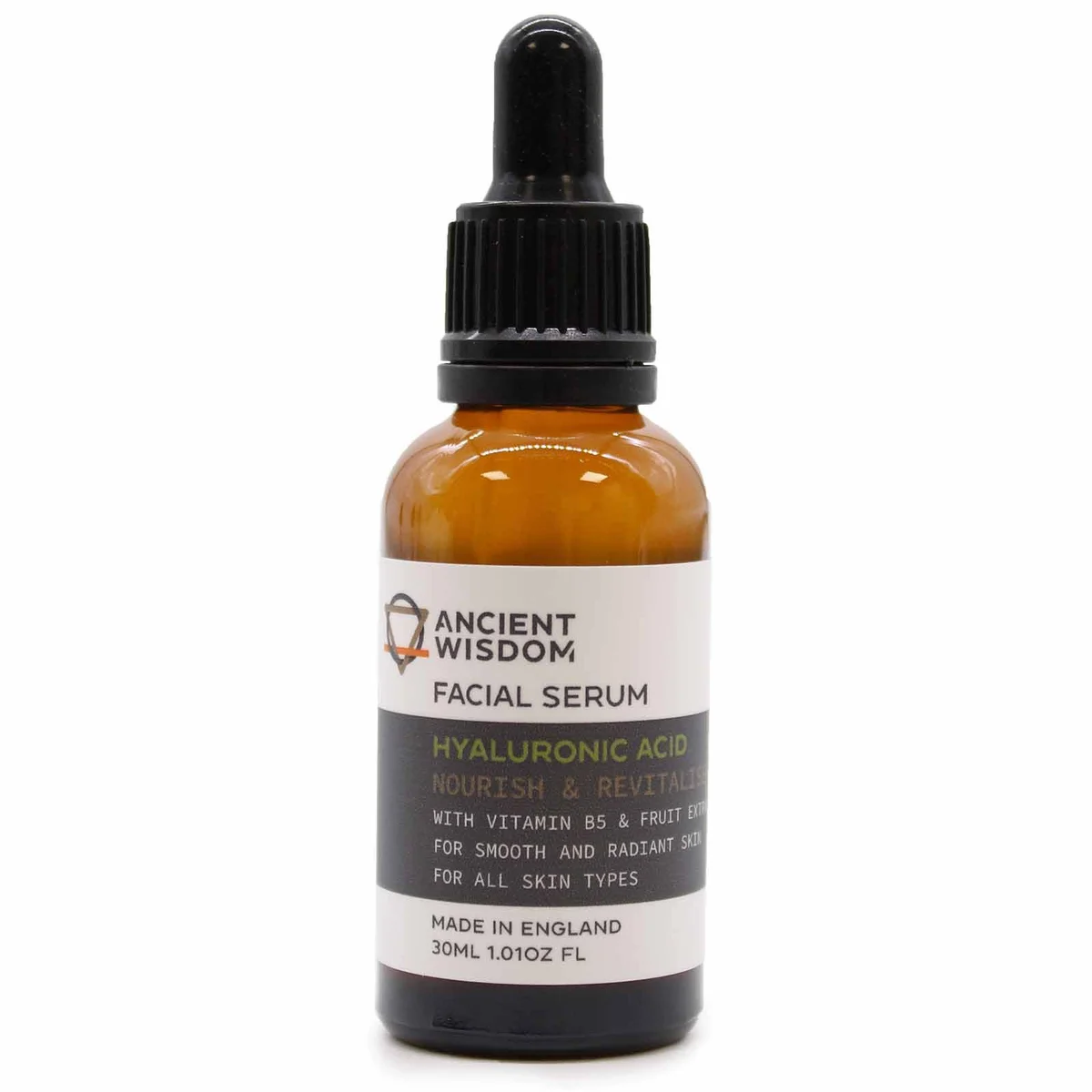 Bottle of hyaluronic acid facial serum with clear liquid and dropper cap on white background