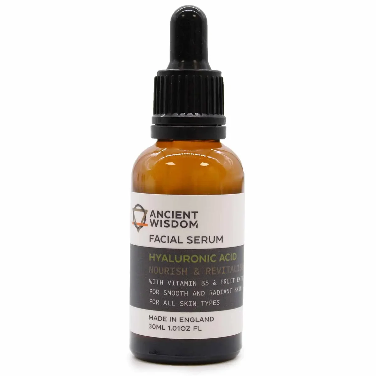 Clear bottle of hyaluronic acid facial hydration serum with dropper cap on white background
