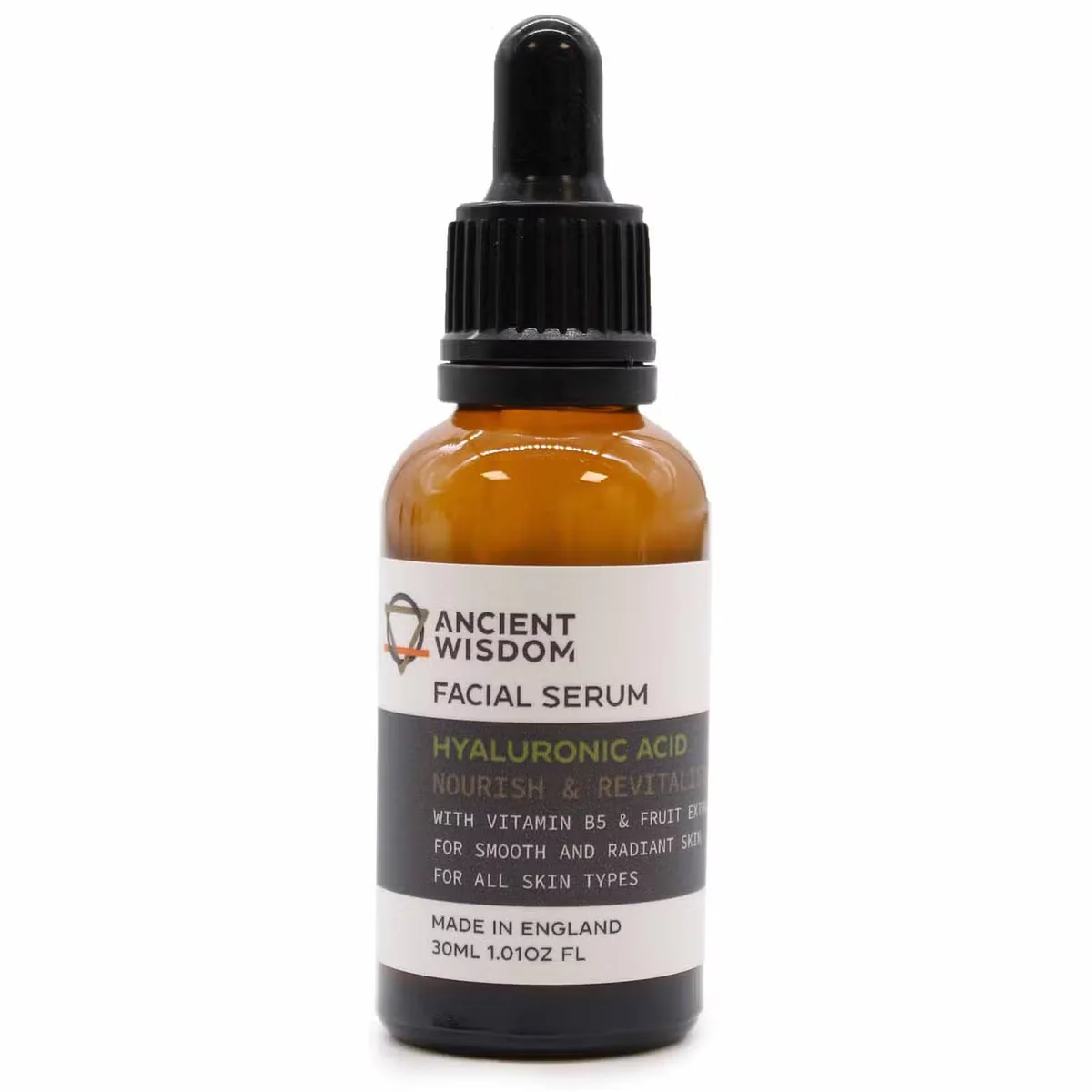 Clear bottle of moisturising face serum labeled Hyaluronic Acid Facial Serum with dropper cap on white background