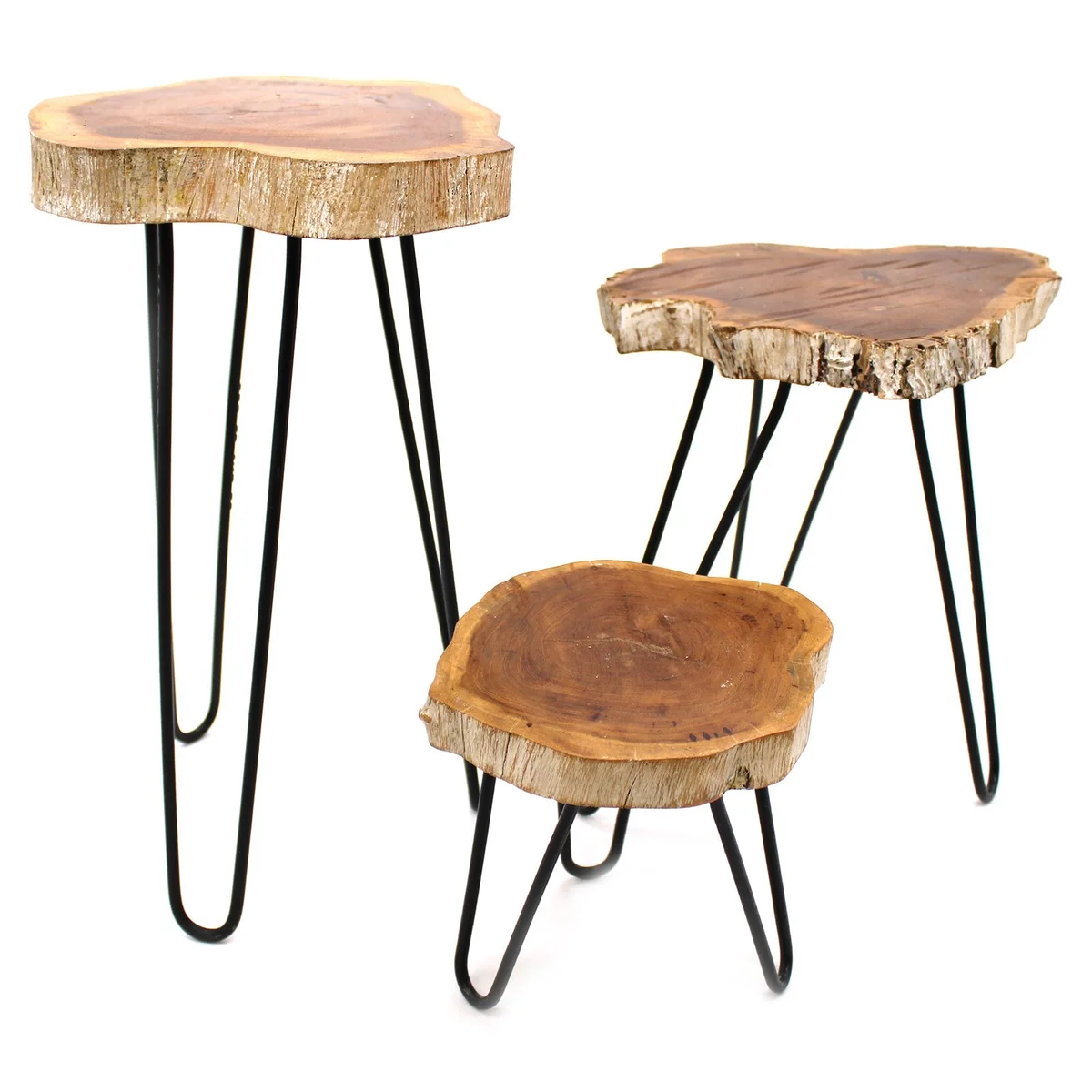 Set of 3 whitewashed wood plant stands set in varying heights with simple, modern design