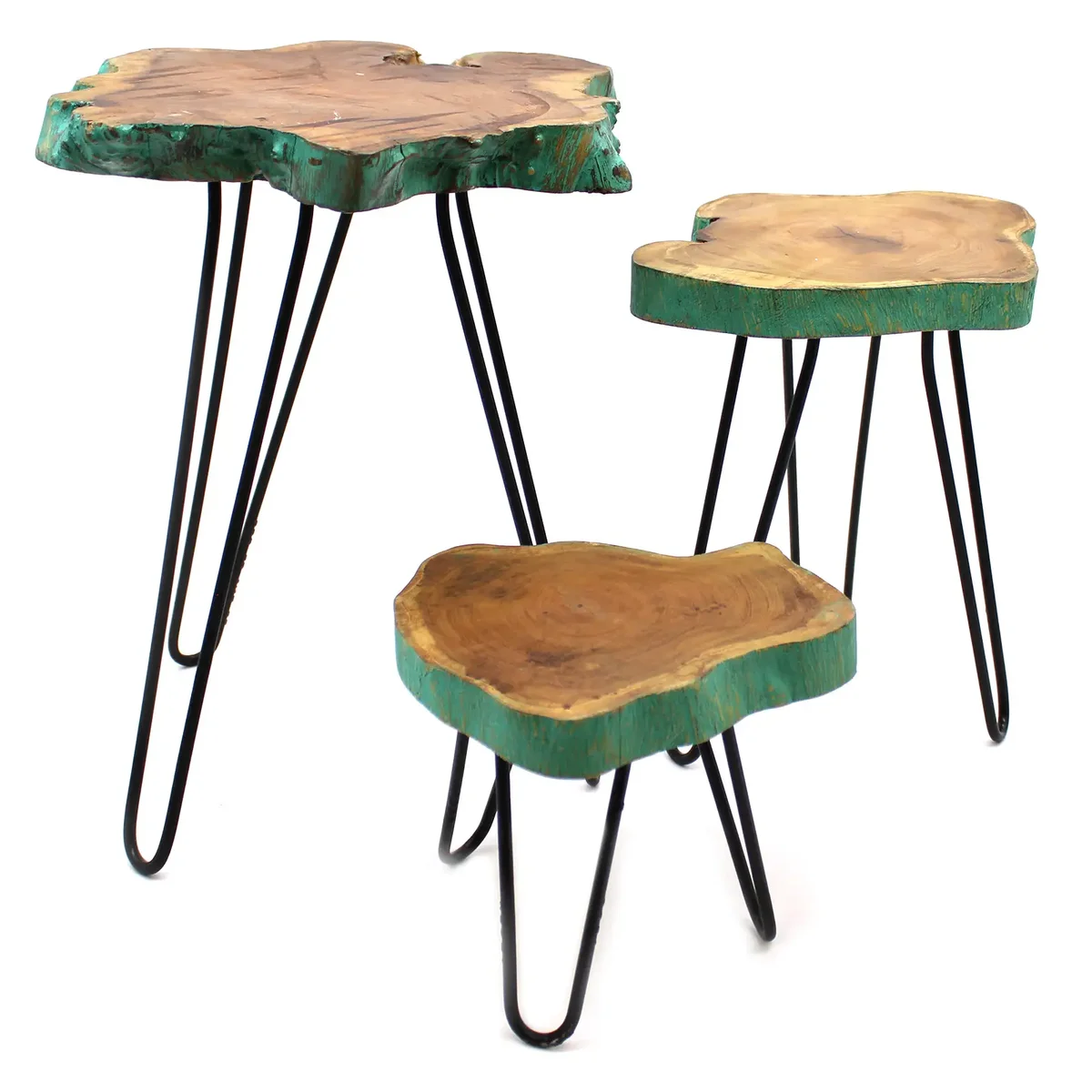Set of 3 plant stands made from Gamal wood with a greenwash finish, varying heights for indoor plants display