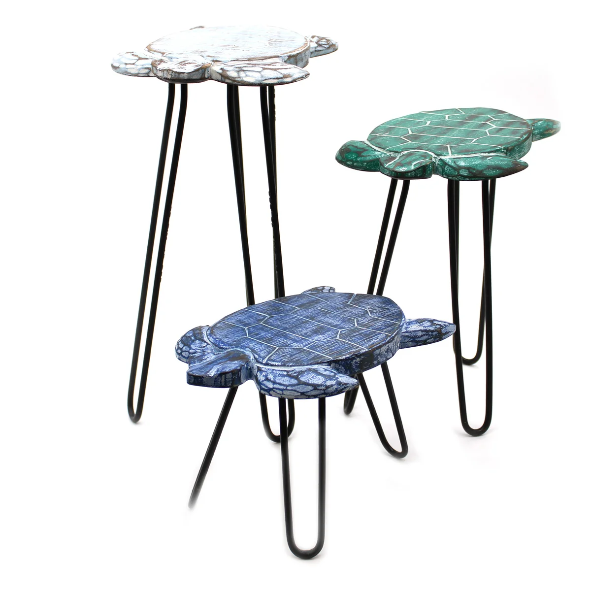 Set of 3 plant stands made of Albasia wood shaped like turtles, showing mid-sized and small stands stacked together