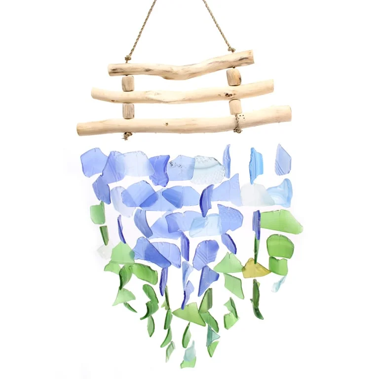Blue green wall art featuring three stick designs in blue and green.