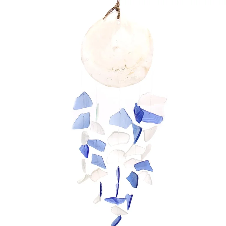 Blue white glass ornament with sleek drop shape and intricate detailing.
