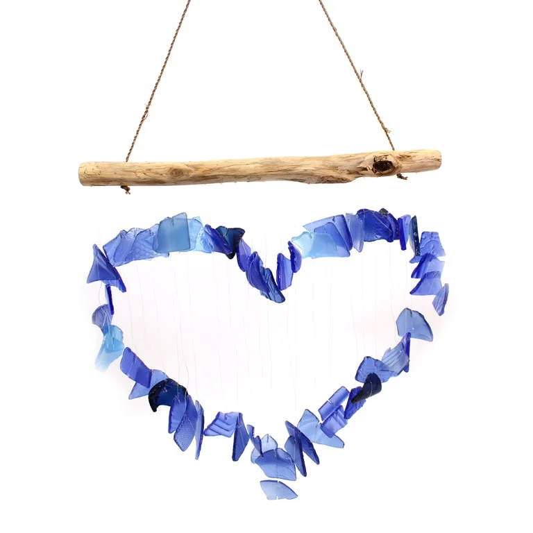 Blue Love Chime hanging from a tree, a beautiful blue outdoor chime.
