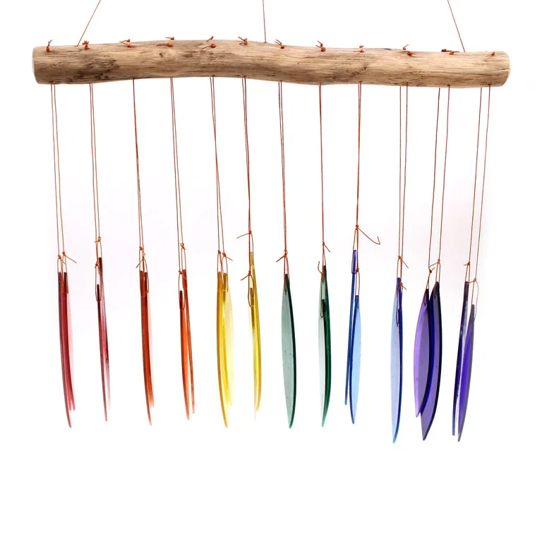 Decorative wind chime with assorted rainbow glass pieces hanging.