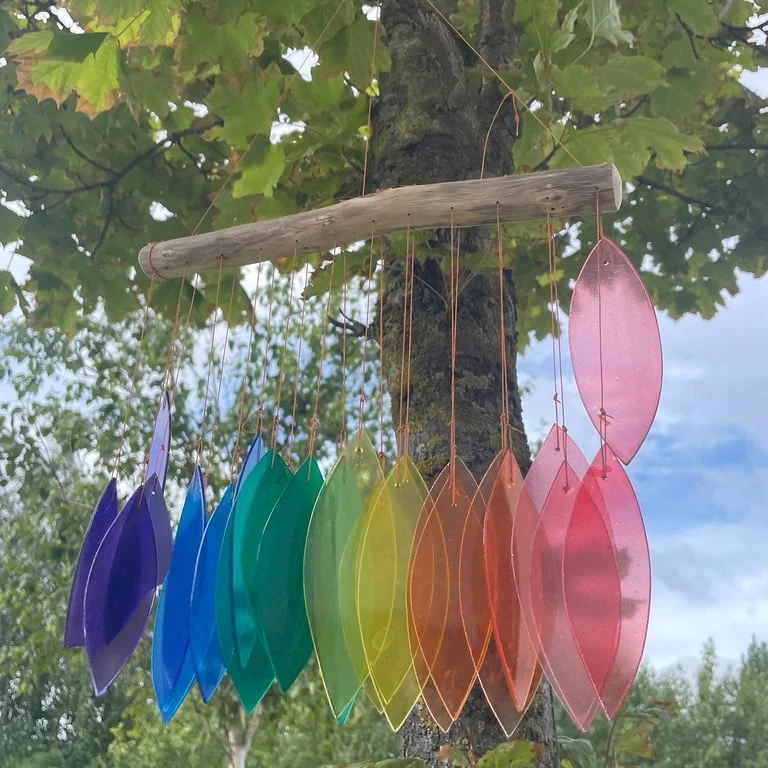 Rainbow glass garden wind chime featuring assorted coloured glass orbs