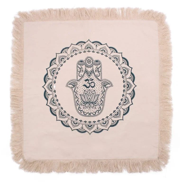 Hamsa Mandala cushion in green with intricate mandala pattern, 60x60cm square cushion.