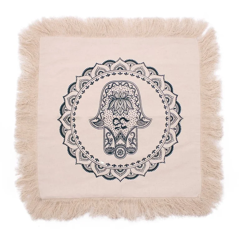 Green Hamsa Mandala cushion 45x45cm with intricate mandala pattern
