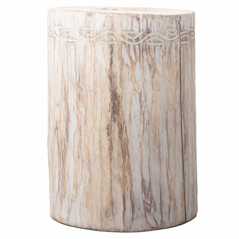 Whitewashed Albasia wood tribal stool table with carved tribal design, suitable as seat or side table