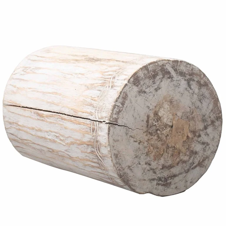 Whitewash tribal stool made from Albasia wood with carved tribal design, versatile as stool or table