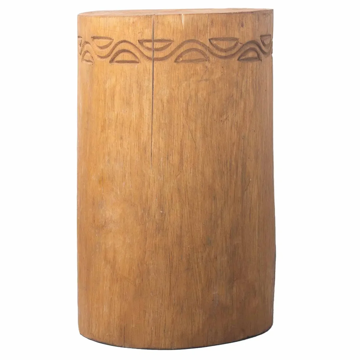 Natural wood stool made from Albasia with tribal design, serving as a stool or small table in natural finish