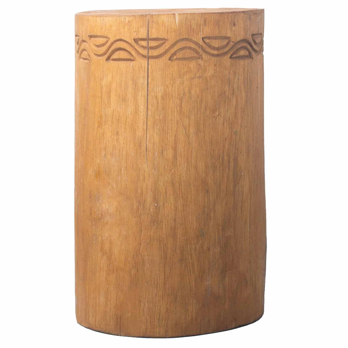 Natural albasia wood tribal stool with carved details, showcasing albasia wood furniture craftsmanship and texture