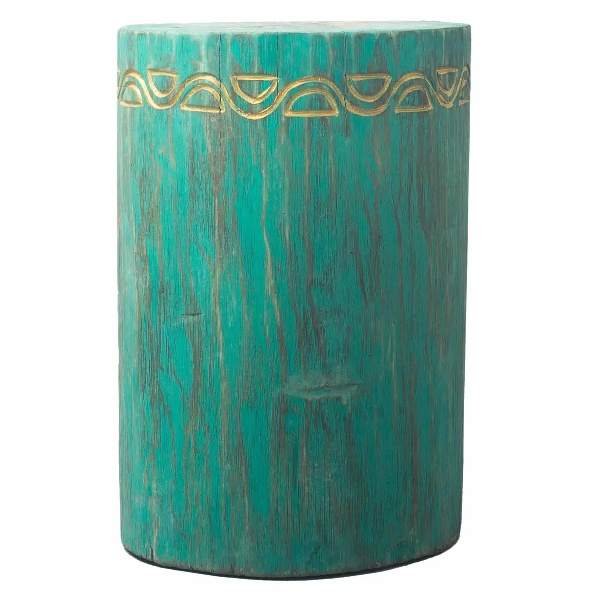 Turquoise tribal stool made from Albasia wood with carved tribal patterns, suitable as a stool or small table