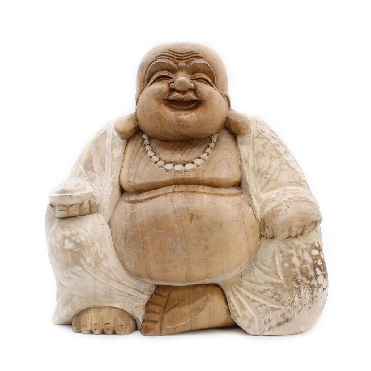 Happy Buddha ornament in whitewash finish, 30cm tall, smiling seated figure with detailed carving