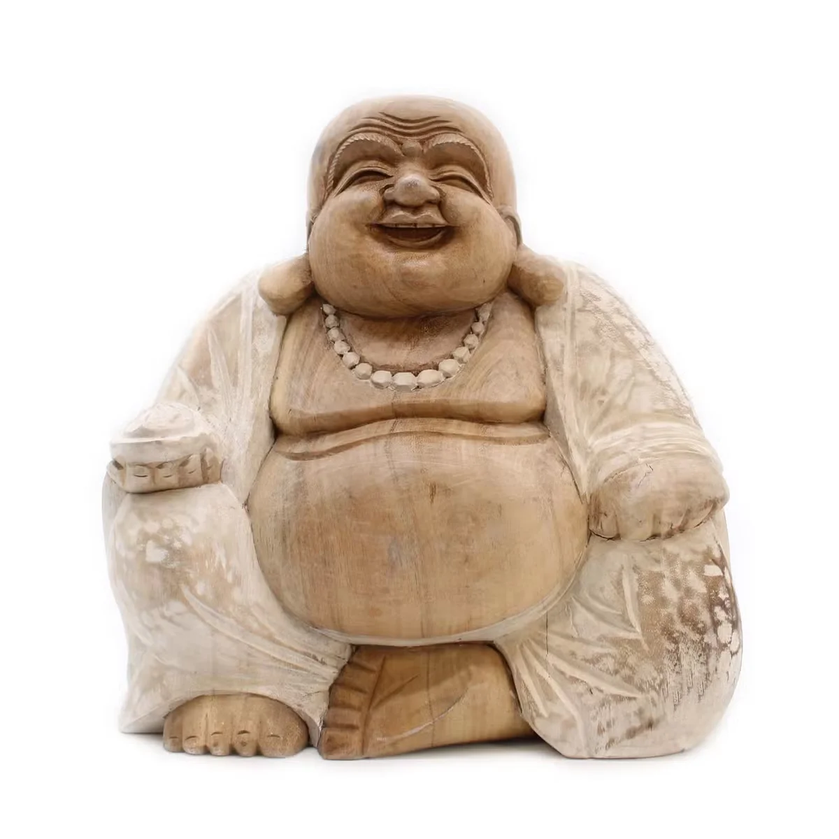 Whitewashed decorative Buddha sculpture, Happy Buddha design, 30cm tall, smooth textured finish on neutral background