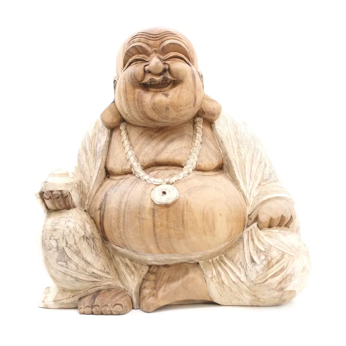 Happy Buddha statue in whitewash finish, 40cm tall, ideal home decor buddha for indoor spaces