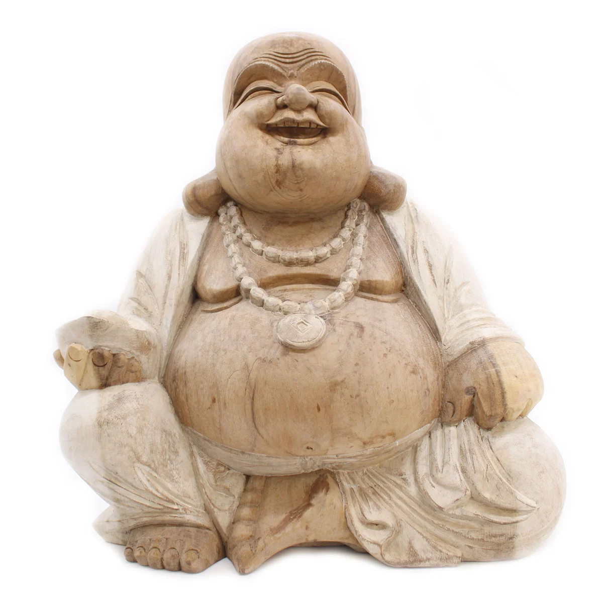 Whitewash Happy Buddha 50cm Buddha figure sitting with a serene smile and hands resting on knees