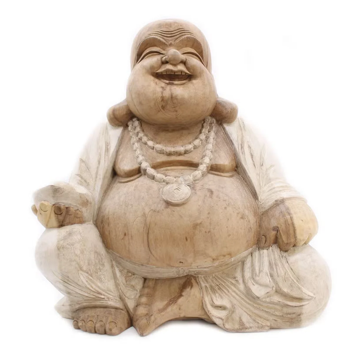 Whitewashed decorative Buddha sculpture in a joyful pose, standing 50cm tall on a plain background