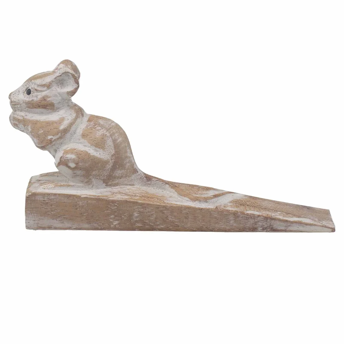 Hand carved doorstop shaped like a dormouse with detailed carving and natural wood finish