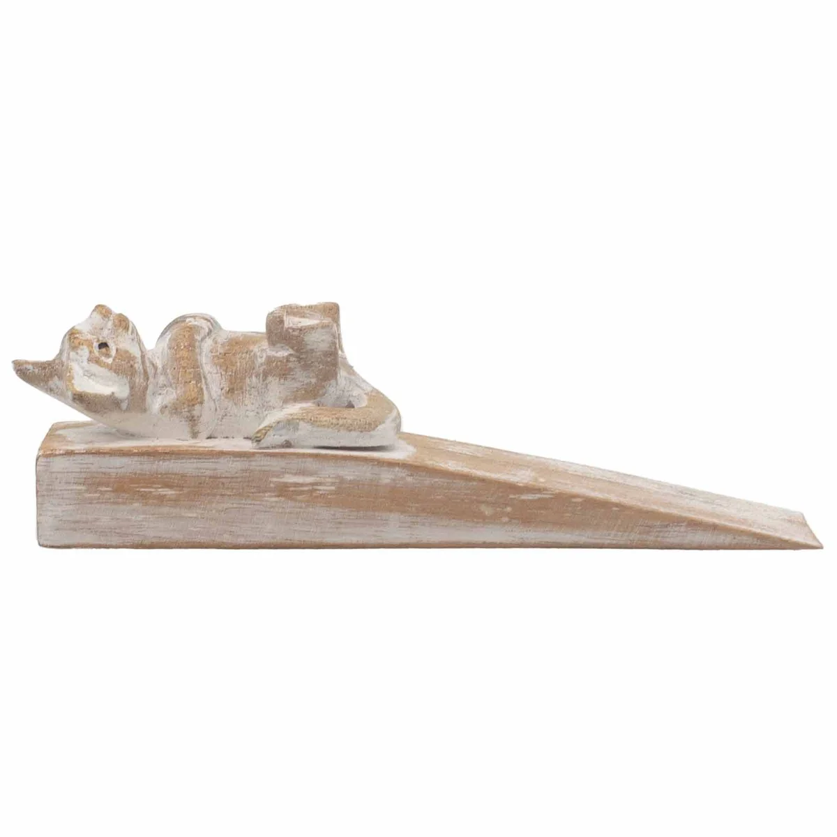 Hand carved doorstop shaped like a small kitten sitting upright, made from natural wood with detailed carving.