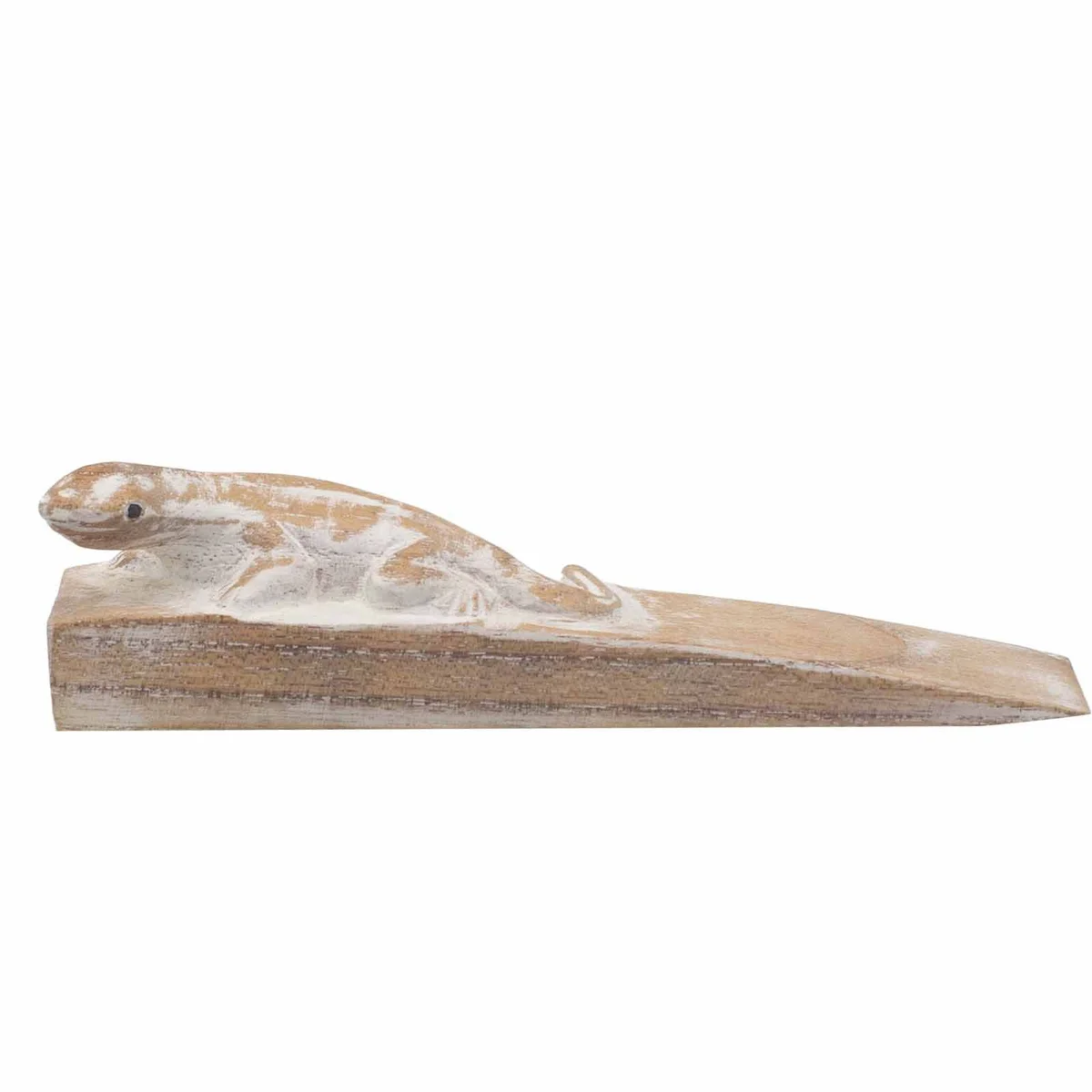 Hand carved doorstop shaped like a gecko with detailed carving and natural wood finish on a plain background