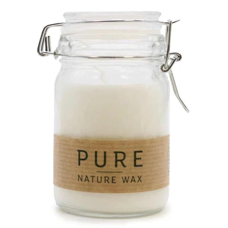 White jar holding a pure olive wax candle, 120mm height and 70mm diameter.