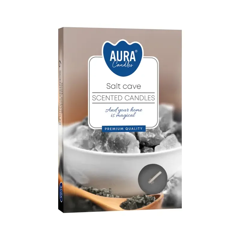 Set of six scented tealights in a salt cave design, presented together as a tealight gift set