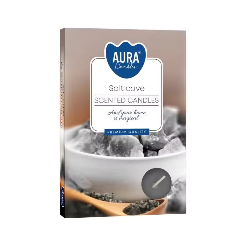 Set of six scented home fragrance tealights in salt cave fragrance.