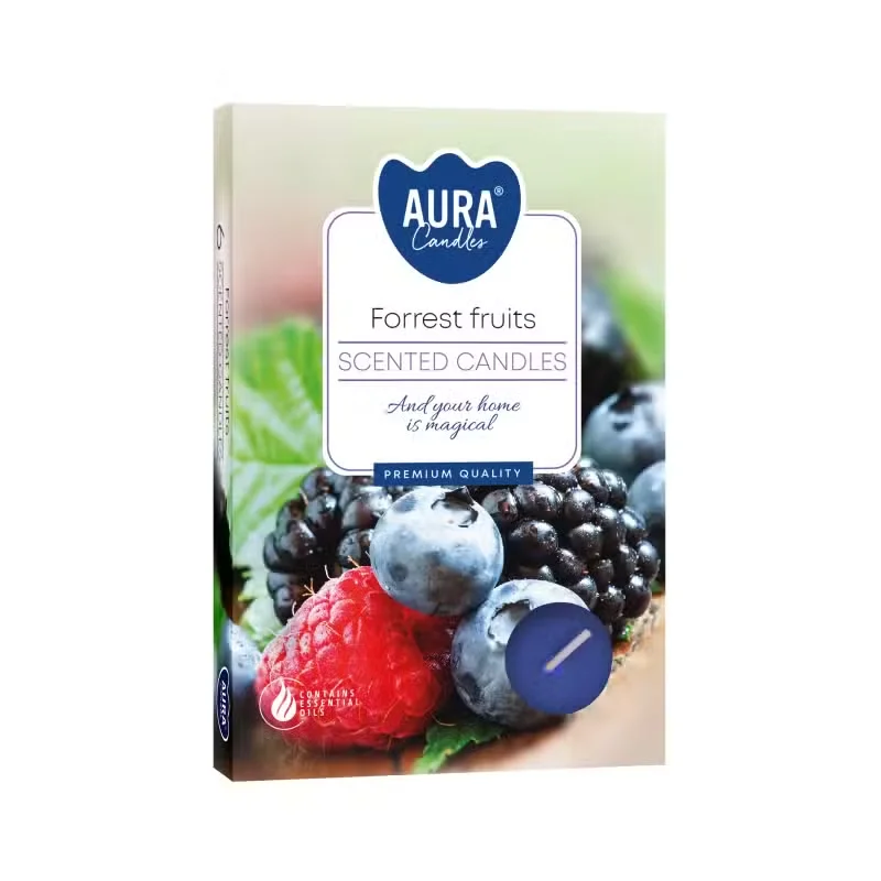 Set of six tealight scented candles in forest fruits scent, displayed on a flat surface.