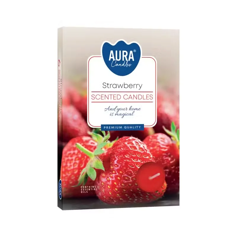 Combo of six strawberry scented tealights, glowing amber, arranged into a pack of tealights