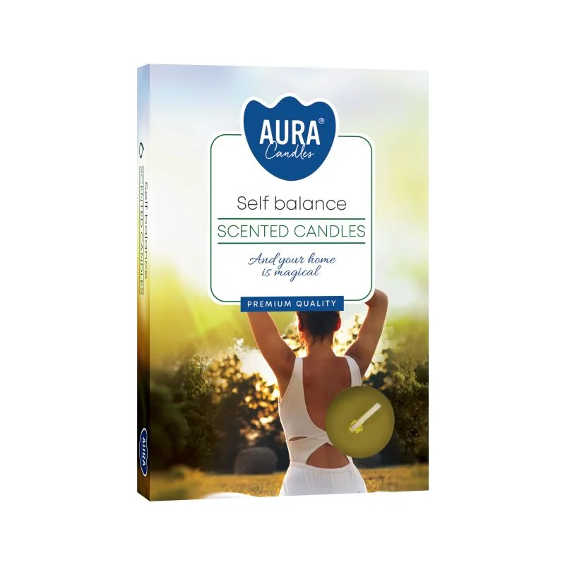 Scented tealights set of six, each softly glowing, arranged neatly on a small white tray.