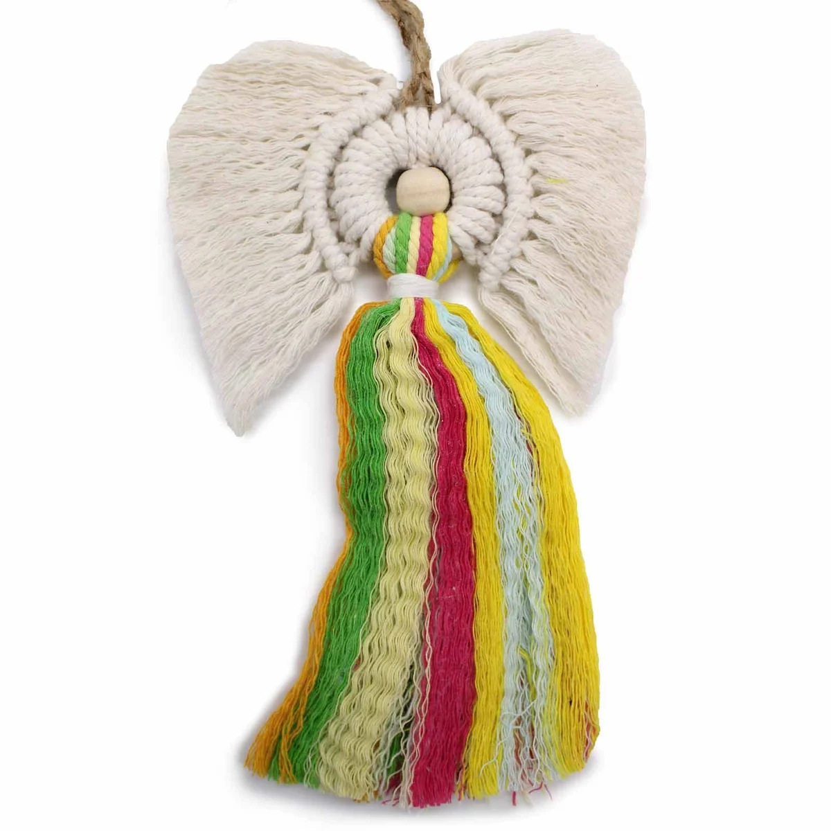 Rainbow macrame angel featuring multicoloured knotted strings.