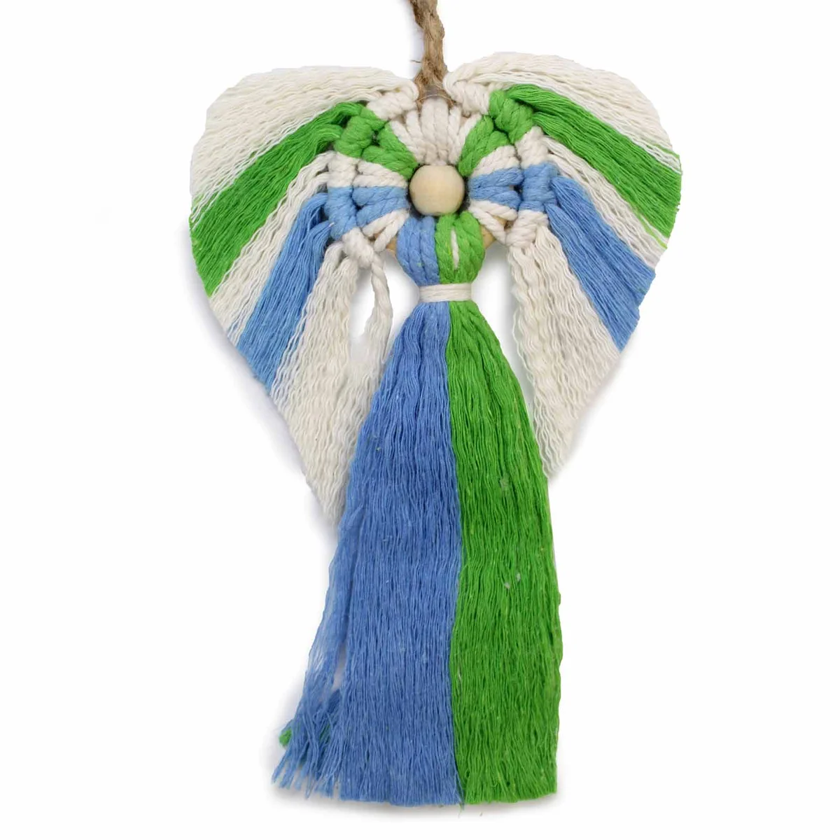 Macramed angel figure hanging from a wooden rope, labeled Earth, showcasing boho macrame art.
