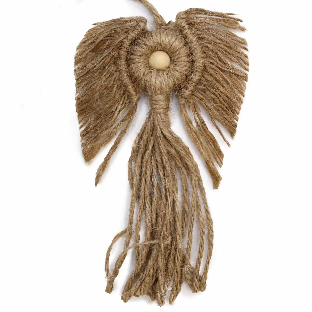 Macrame angel hanging on a wall, woven rope design with subtle fringe, a stylish macrame home decor piece