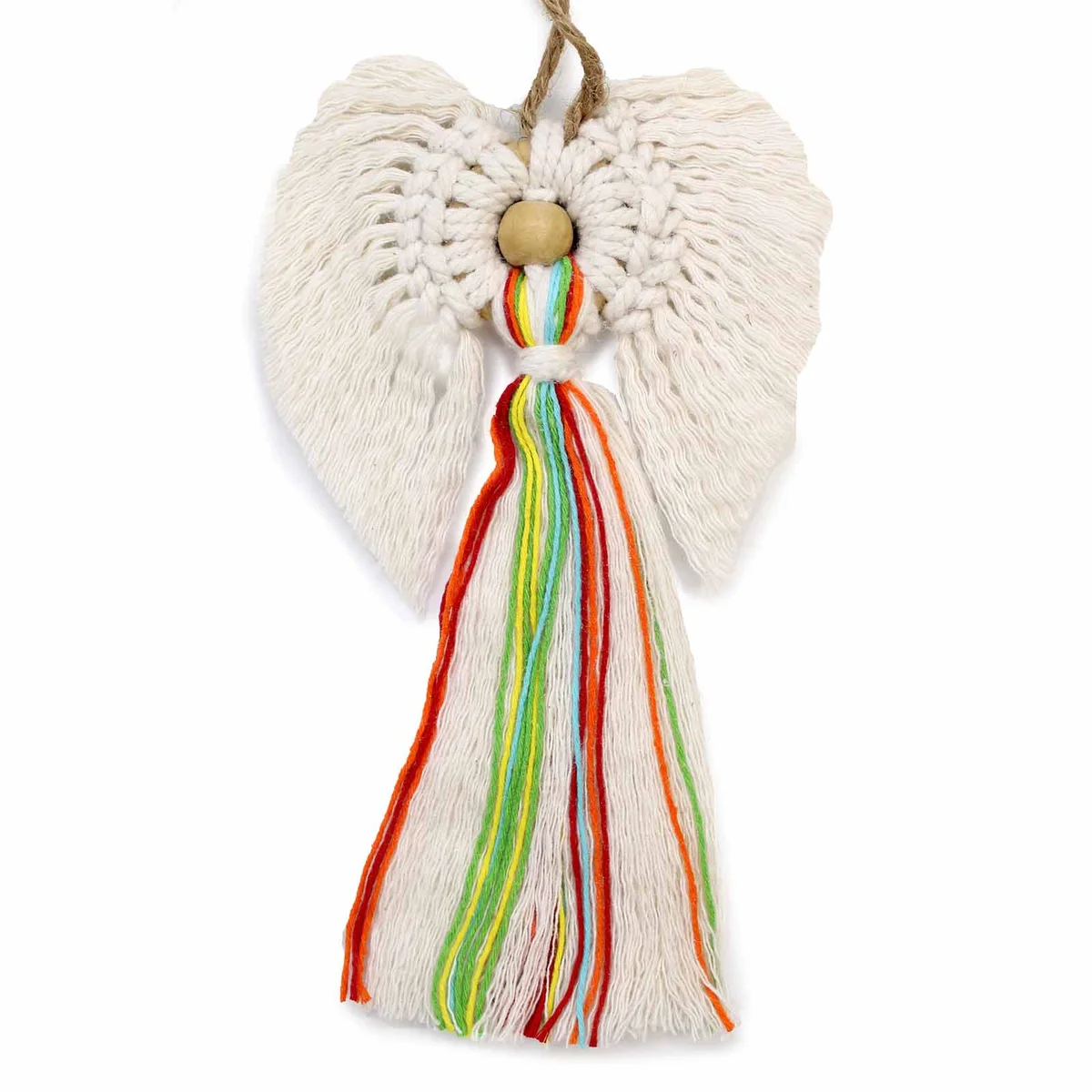 Handmade angel ornament, macramé rope angel with open wings, suspended from a hook