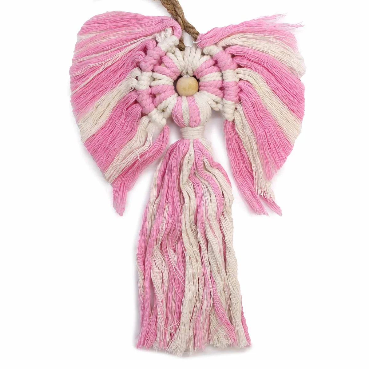 Macramé girl angel ornament, guardian style, hanging from a string.