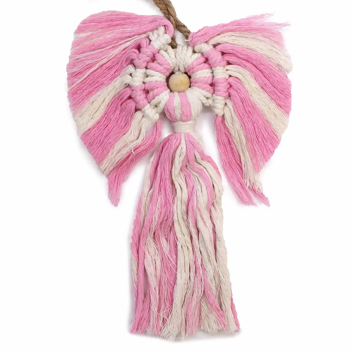 Handmade macrame angel figure for girls, delicate knotwork, suspended over a subtle backdrop, showcasing macrame decor.