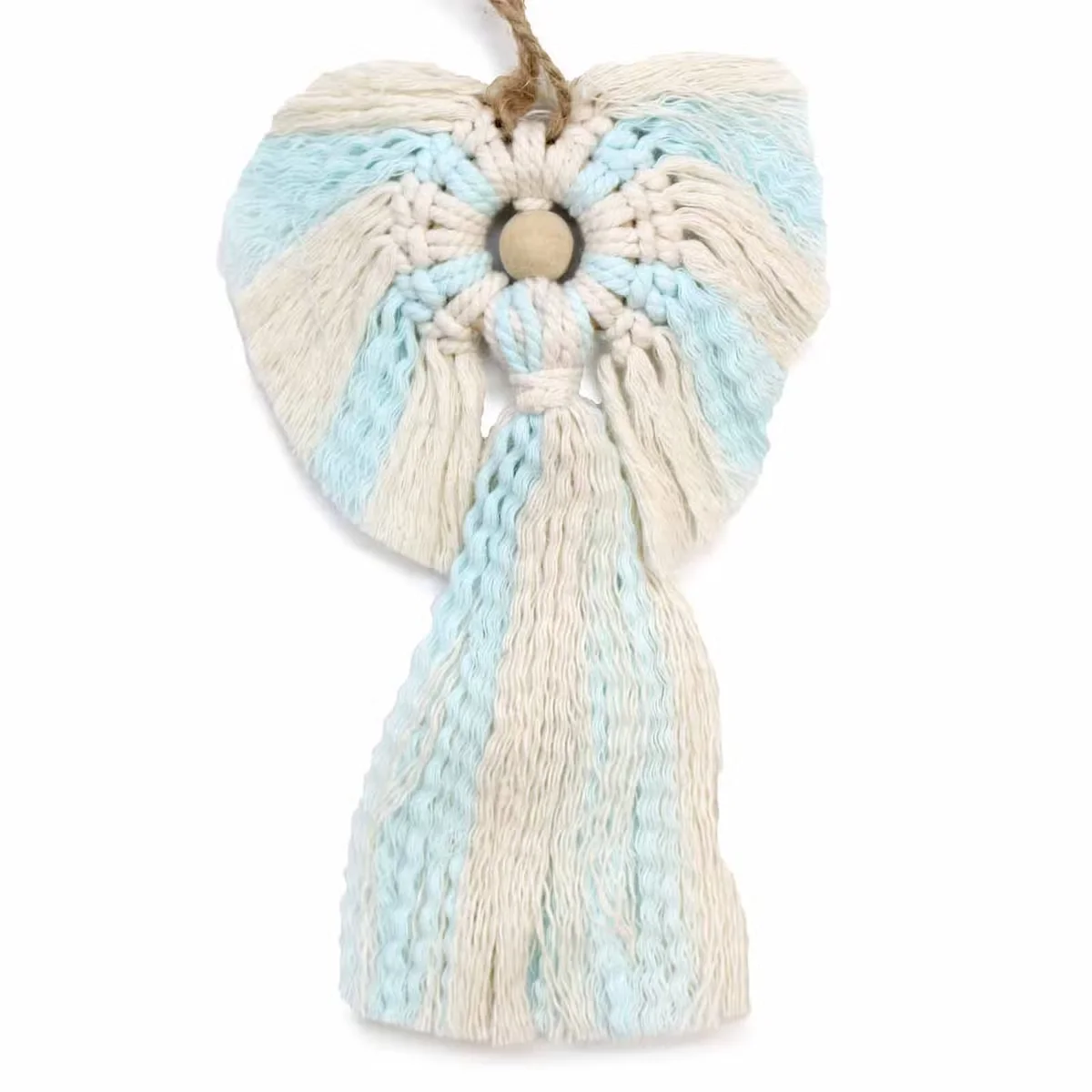Macrame guardian angel figurine for a boy, featuring woven angelic form.