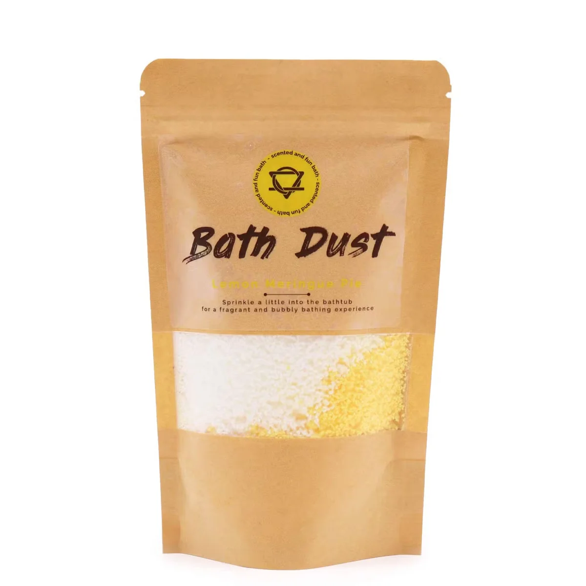 Lemon Meringue Pie Bath Dust 190g jar with yellow label, a popular bath accessories UK item for relaxing baths