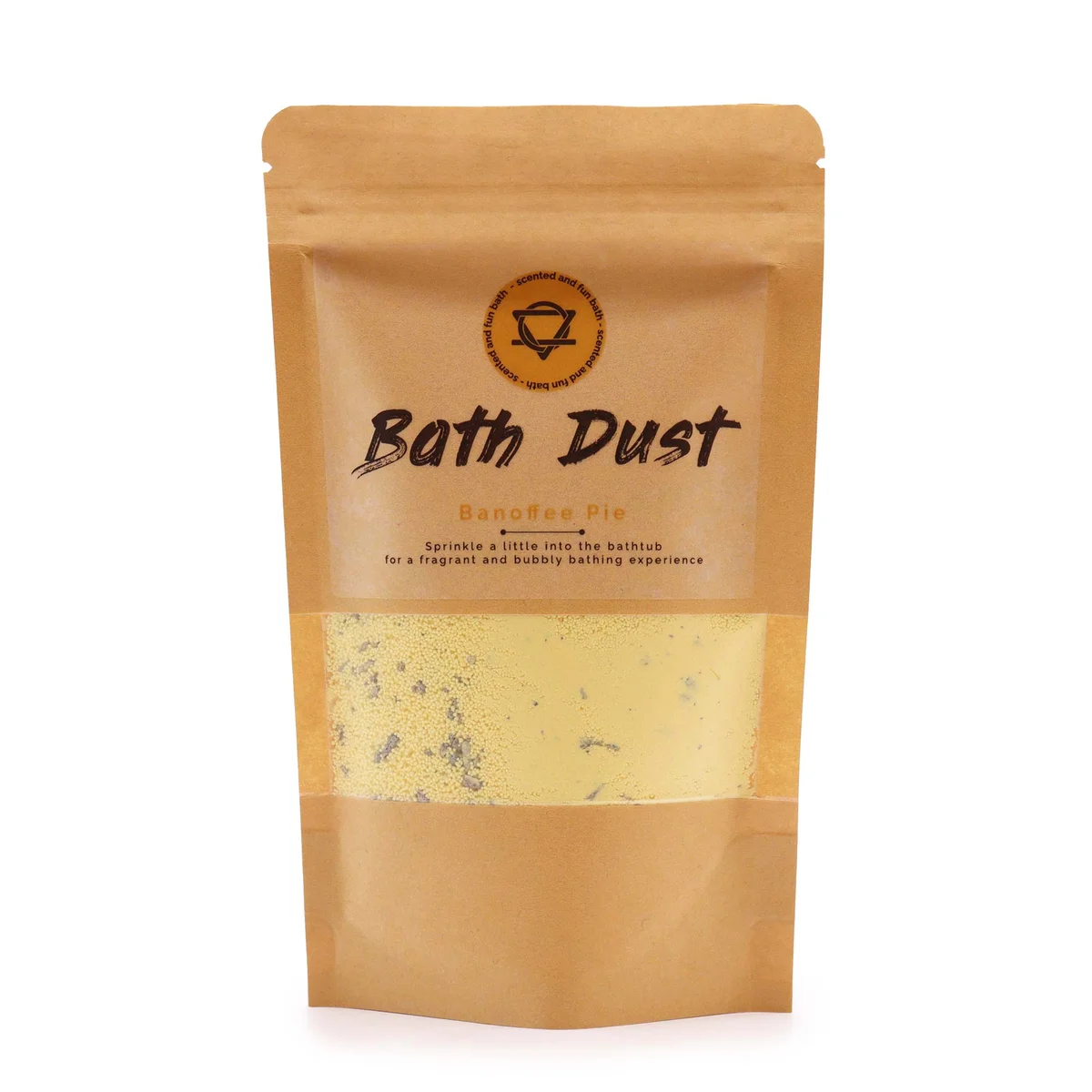 Banoffee Pie Bath Dust 190g in clear jar with label, part of bath accessories UK collection