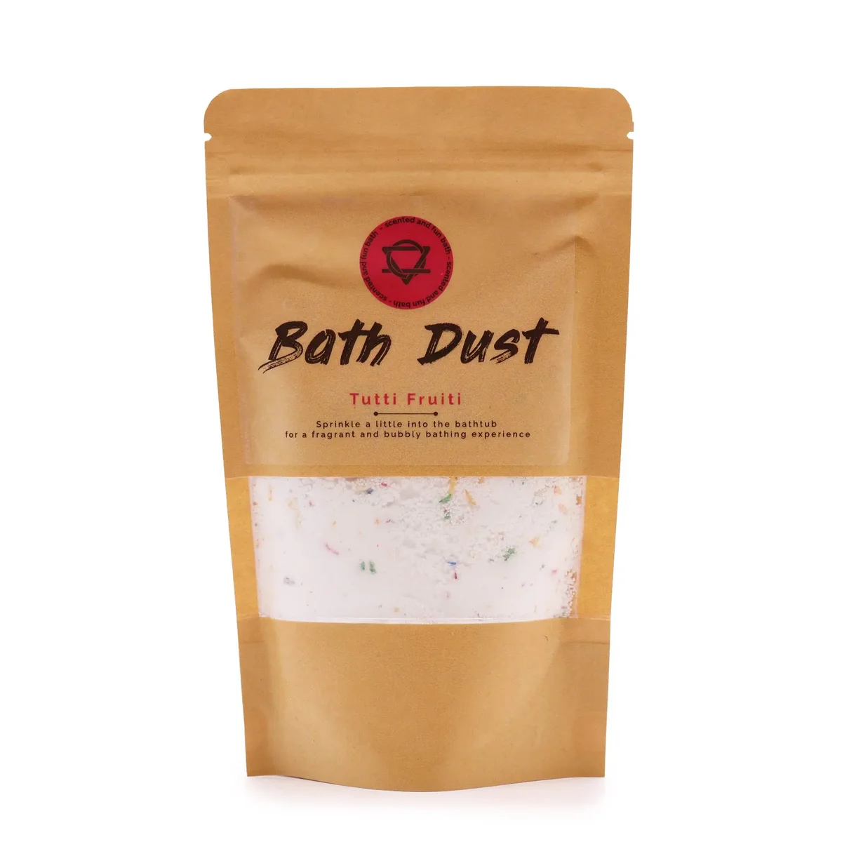Tutti Fruiti bath dust 190g sachet in pastel packaging, soft tones, small bag.