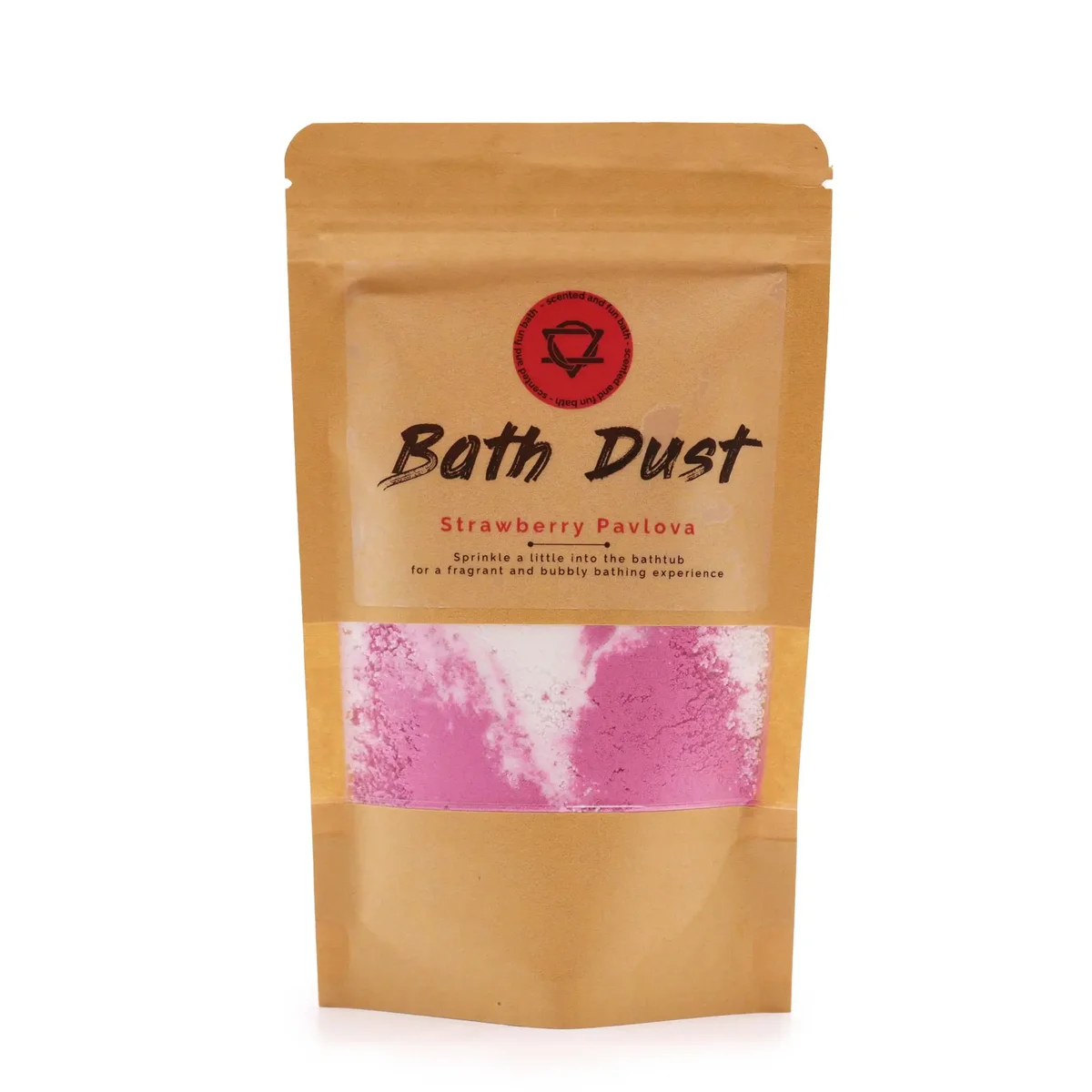 Strawberry Pavlova scented bath dust 190g in a clear jar with pink label on a white background