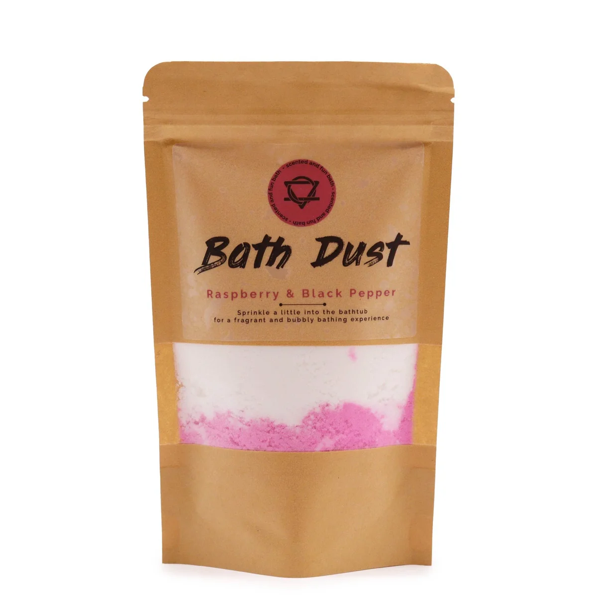 Jar of Raspberry & Black Pepper Bath Dust 190g with a wooden scoop beside it on a white background