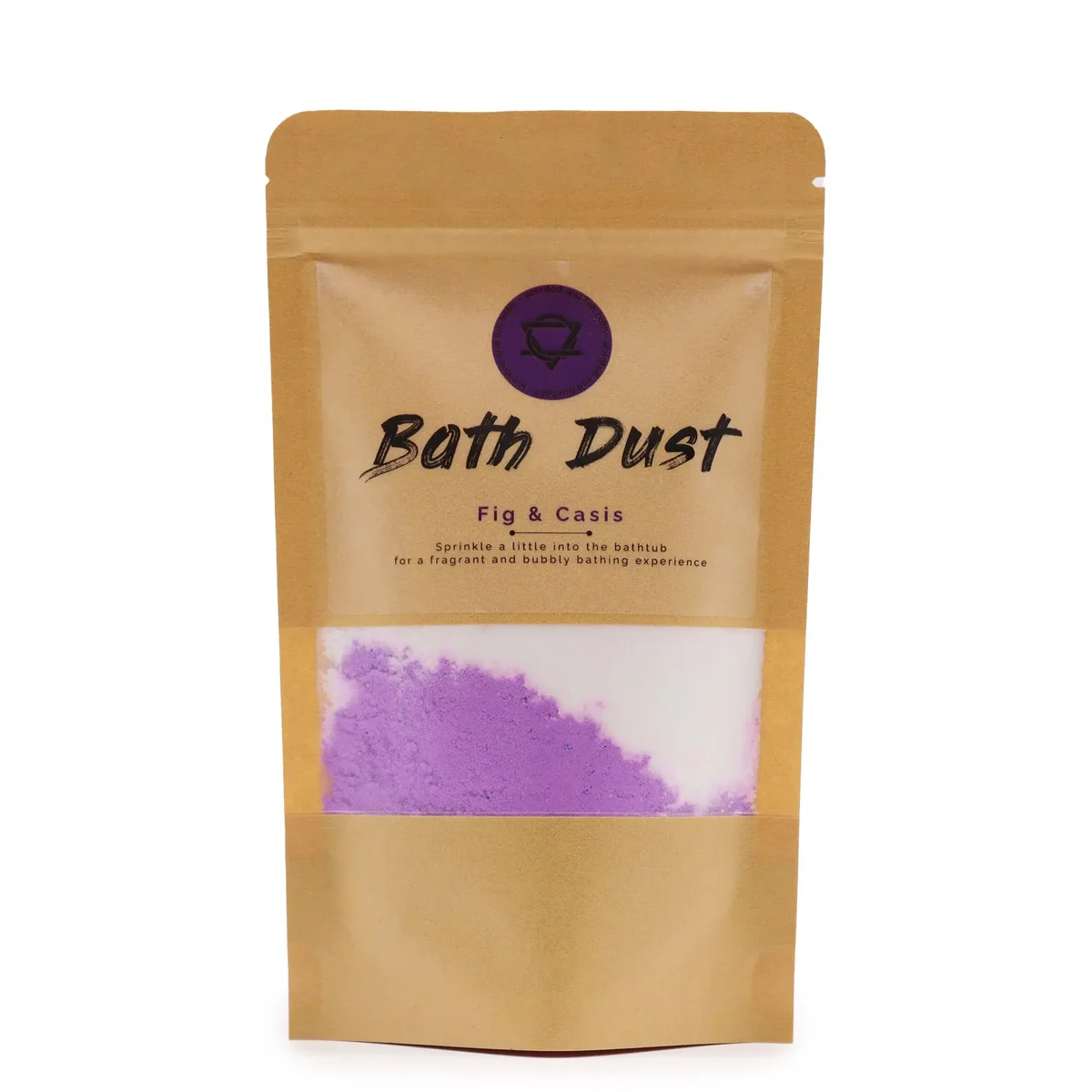 Fig & Casis Bath Dust 190g in a clear jar with a white lid, showing fine pink bath dust powder inside