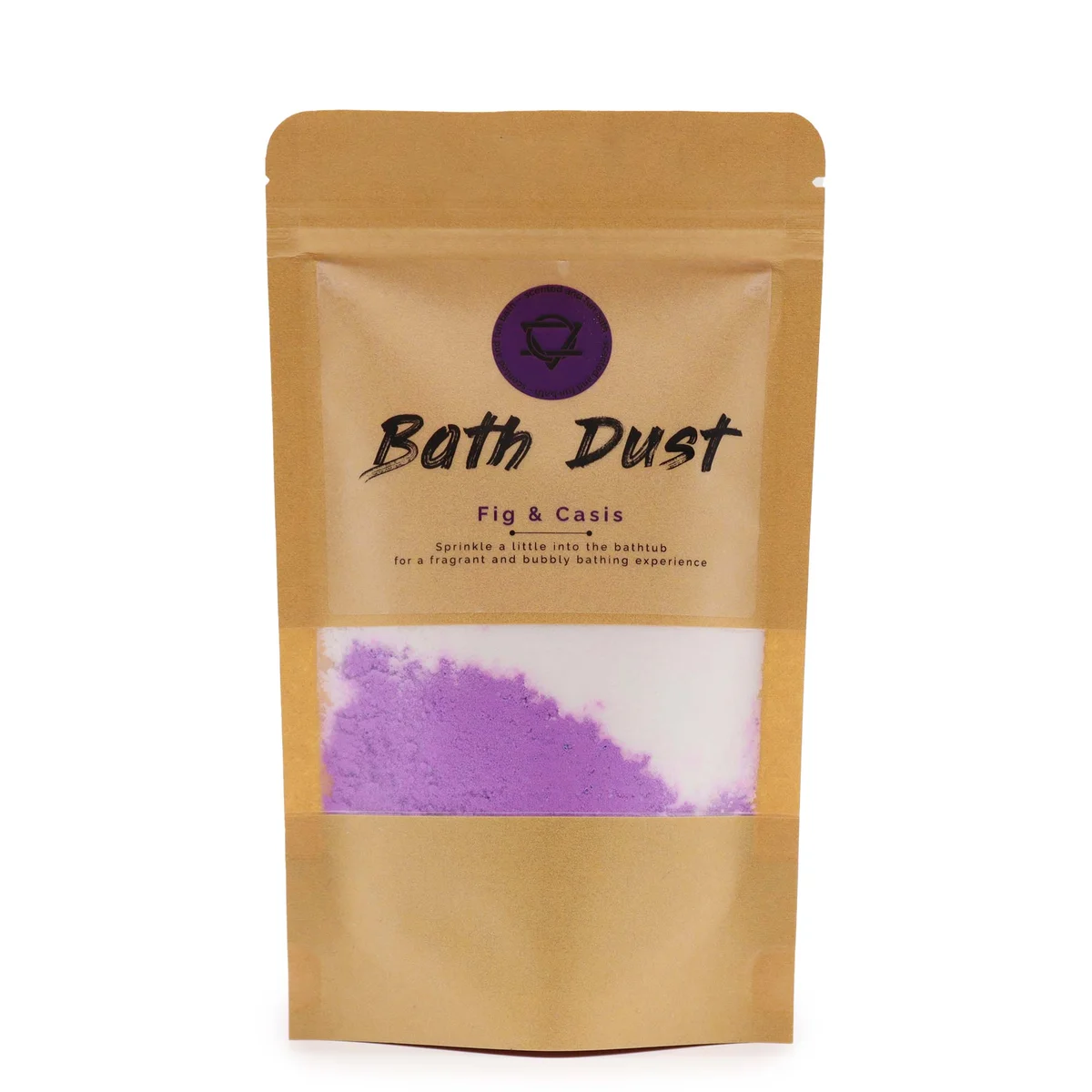 Fig and Casis Bath Dust 190g container with fig and casis design on label against white background