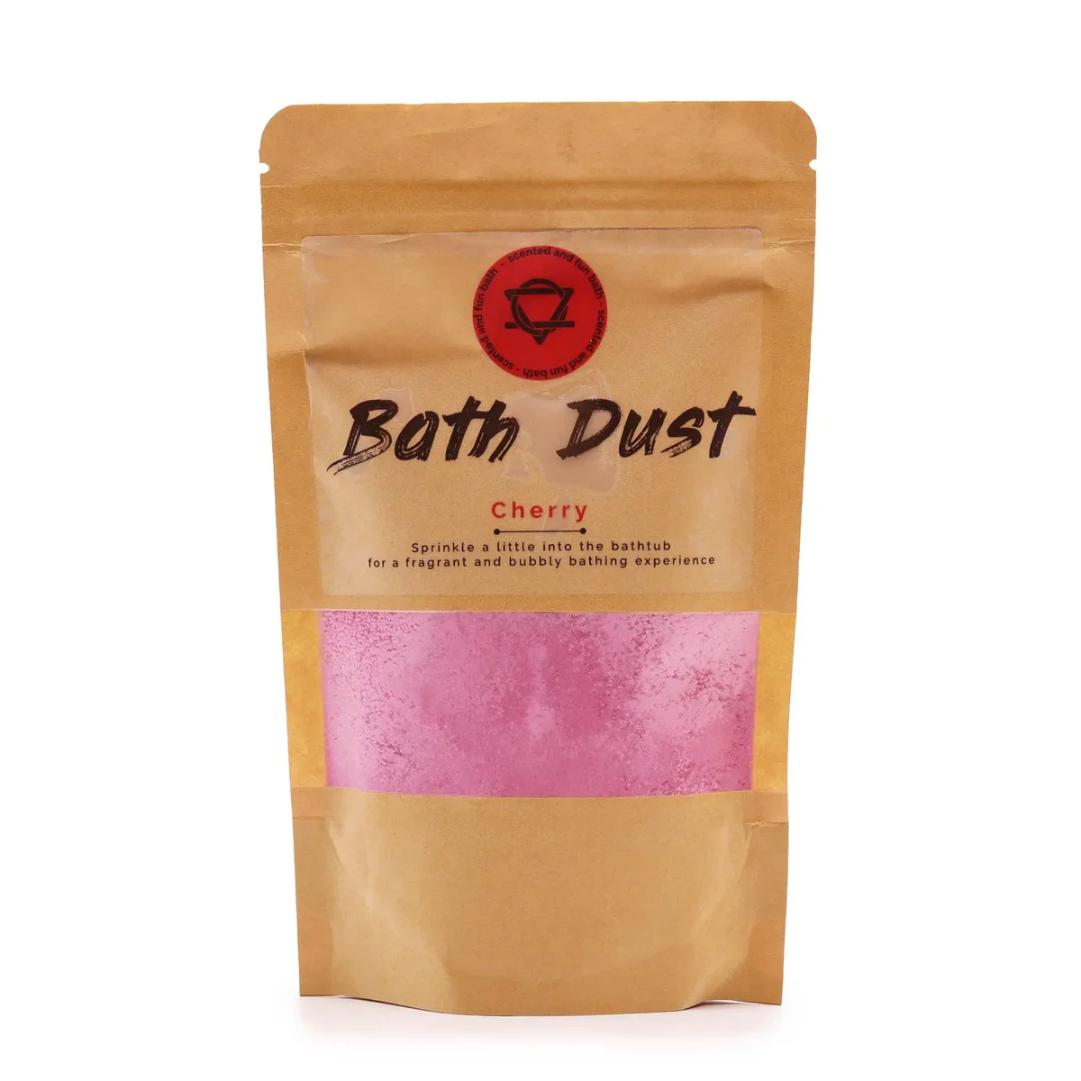 Cherry Bath Dust 190g container with cherry-themed label and pink bath dust powder inside