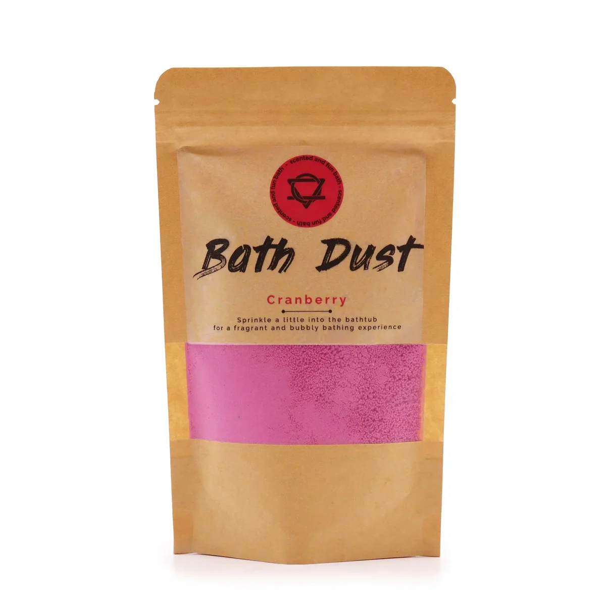 Jar of cranberry-scented bath dust 190g with red powder inside on a white background